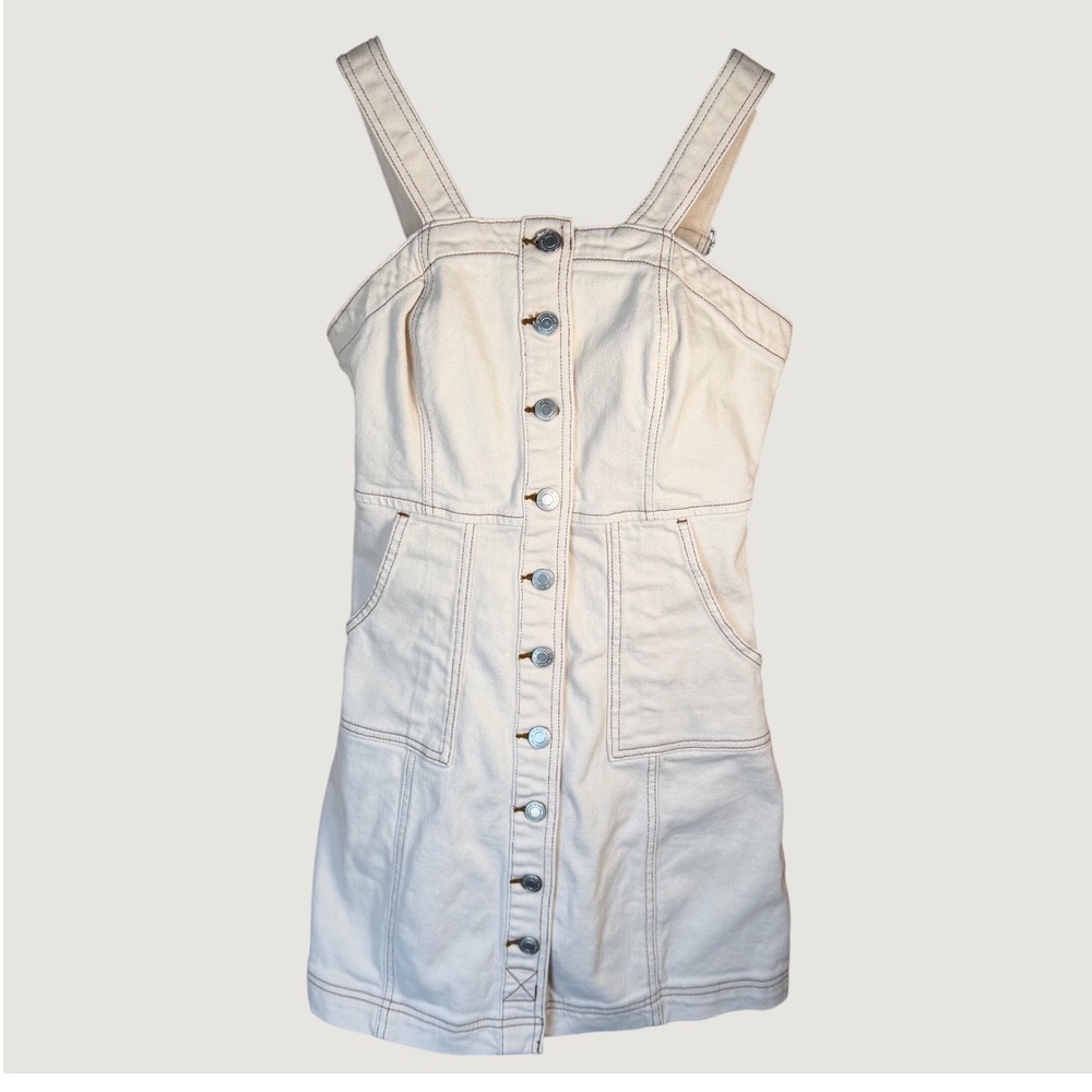 Cream Denim Button Front Mini Dress, 3/26W - Picture 1 of 8